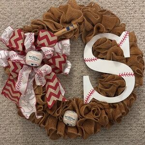 Baseball Themed Burlap Wreath with Wooden Initial S
